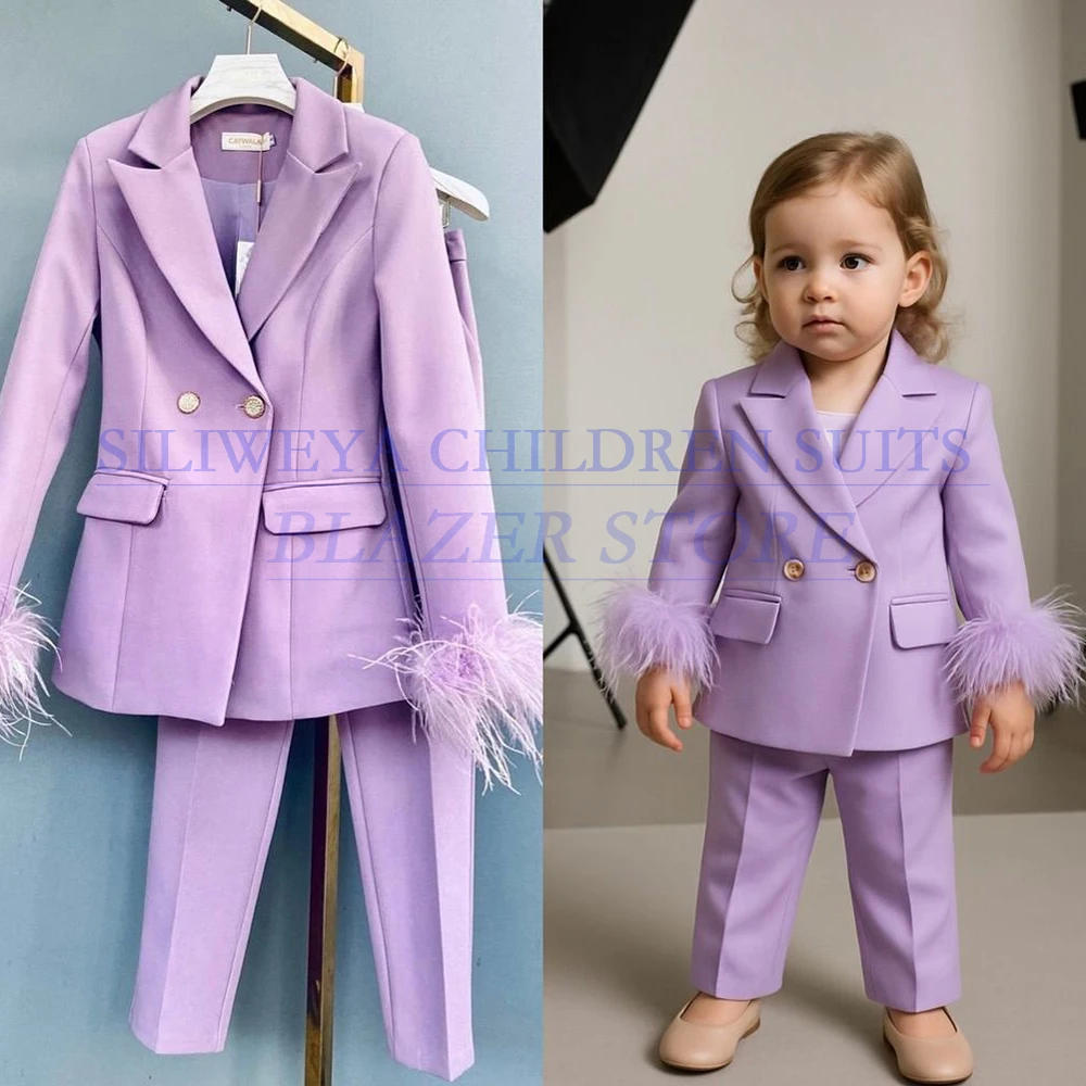 

Customized Girls Clothing Double Breasted Peak Lapel 2 Piece Jacket Pants Sets Elegant Feathers Children Clothing Outfits