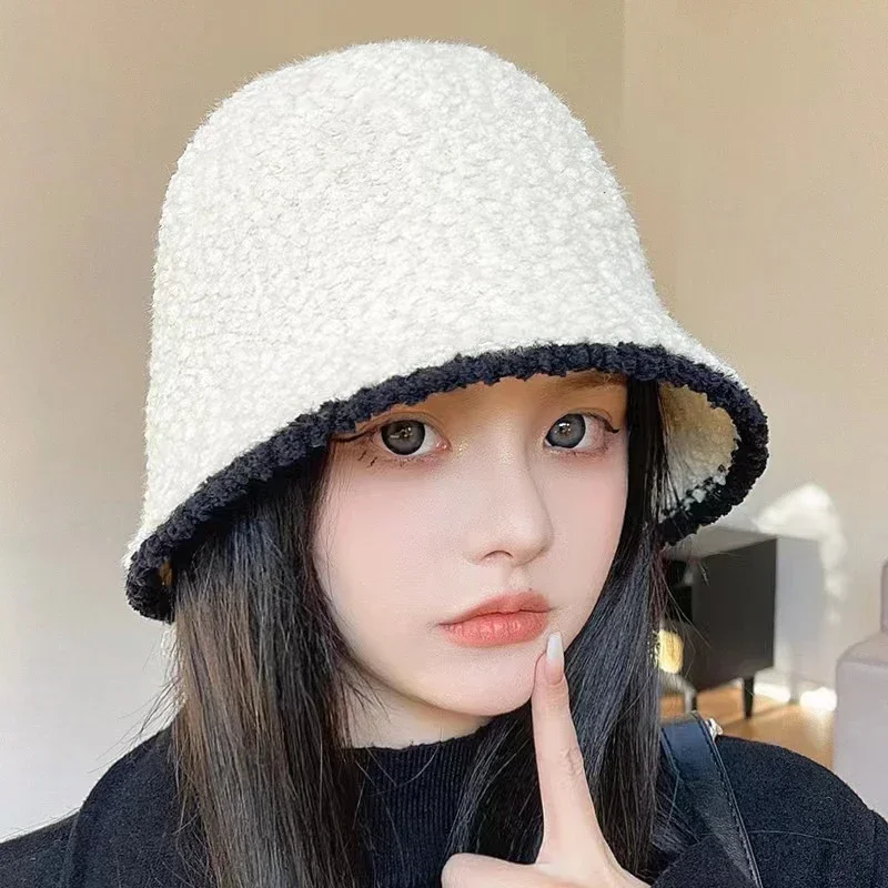 2024 New Autumn/Winter Fashion Fisherman's Hat Warm Pot Hat Korean Edition Collared Plush Bucket Women's سكس بنات صغار السن