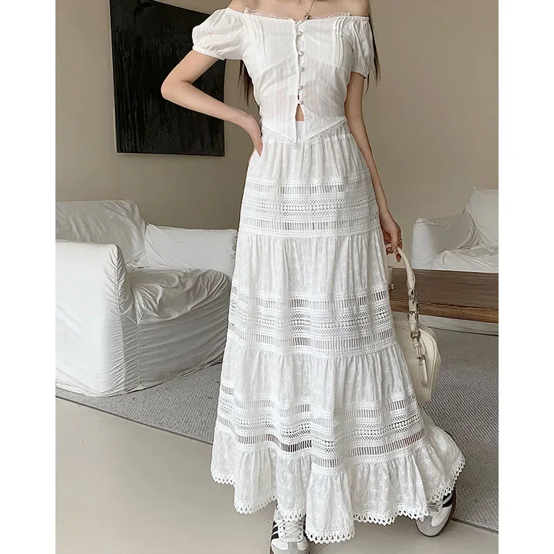 MiiiiX French Retro Elegant Embroidery Hollow Skirt Versatile Loose Striped A-line Long Cotton Skirt 2024 Summer Women's Clothes