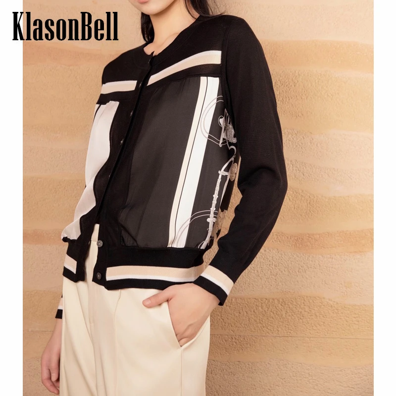 9.26 KlasonBell Casual Contrast Color Silk Pattern Print Single Breasted Wool Knitted Cardigan Women