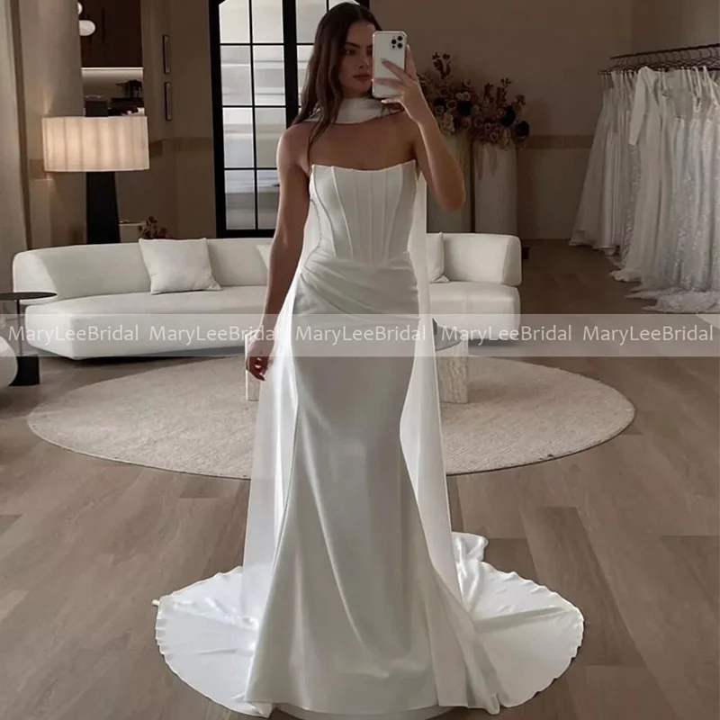 

Strapless Mermaid Wedding Dress with Exposed Boning White Ivory Pleated Crepe Long Bridal Gowns 2025 Vestido de noiva Customized