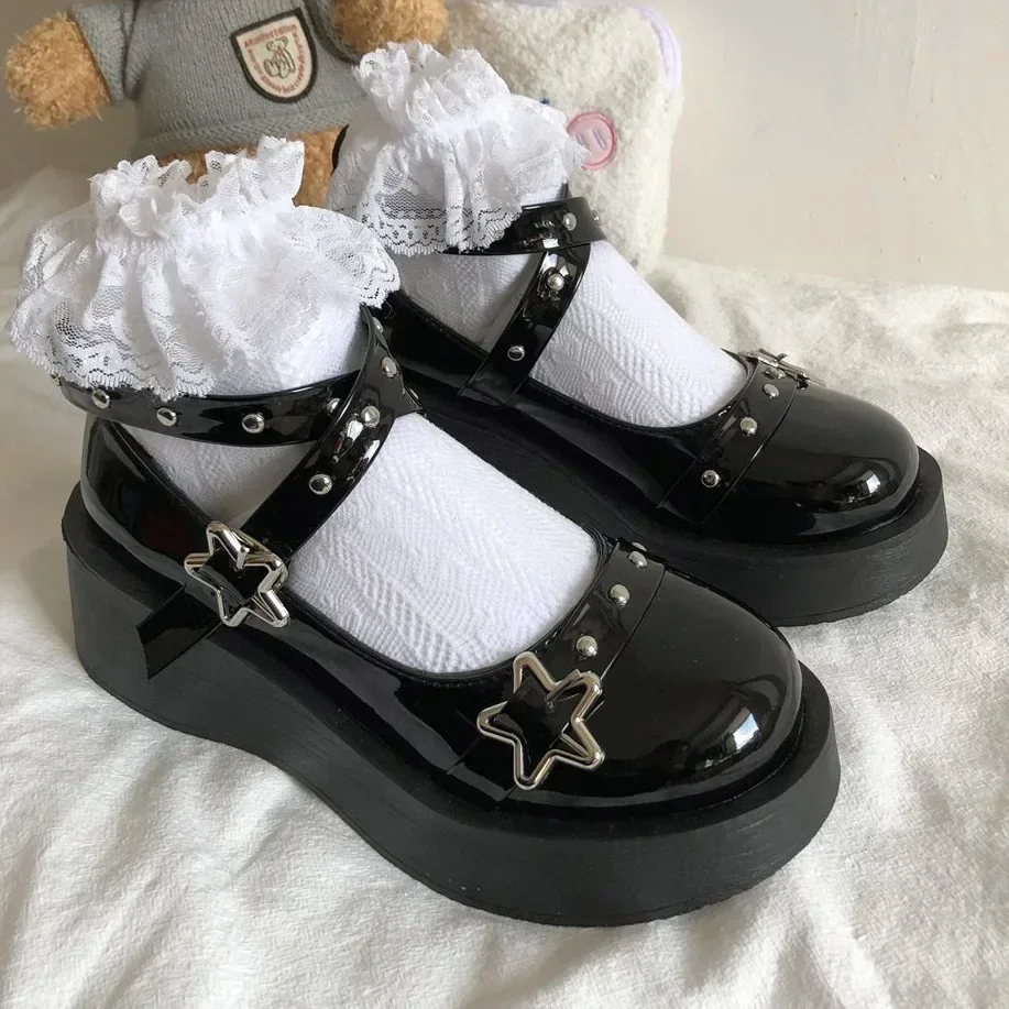 Shoes Lolita shoes Women heels platform mary janes Star Buckle Strap Mary Janes Women Cross-tied Girls Rivet Casual kawaii shoes