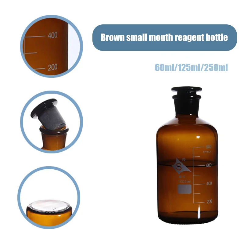 

60/125/250ML Small Mouth Reagent Bottle Brown Amber Glass with Ground in Glass Stopper Laboratory Chemistry Equipment