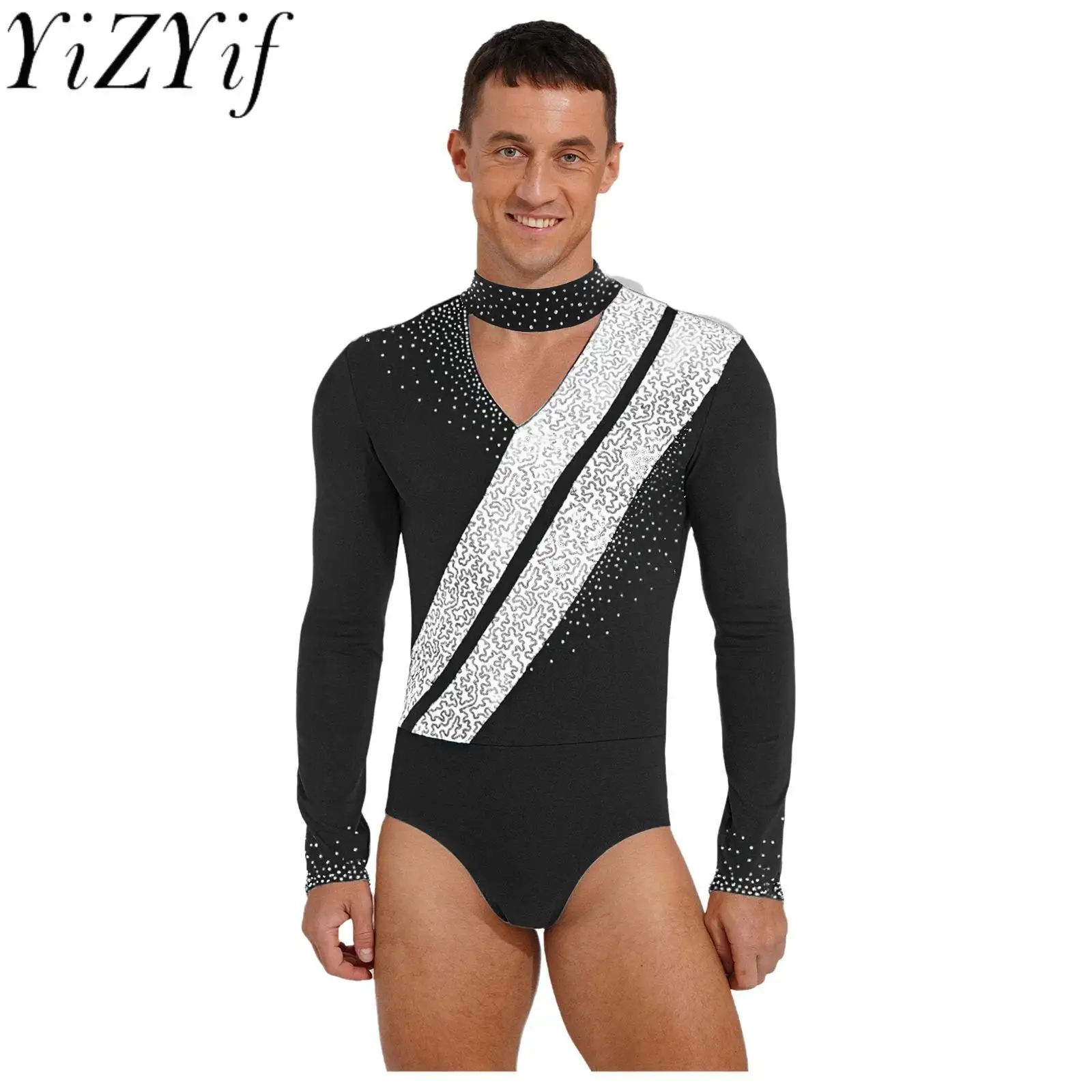 Adulto homem brilhante valsa dança de salão manga longa collant ginástica ballet acrobacias palco dança desempenho outfits