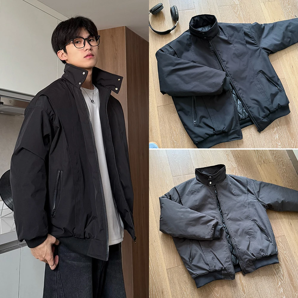 

Американская утепленная хлопковая куртка с воротником-стойкой для мужчин, зимняя модная верхняя одежда, теплая, нейлоновая, с длинными рукавами, на молнии