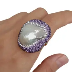 Y·YING Cultured White Baroque Pearl Finger Rings Purple Crystal Pave Adjustable Ring Wedding Jewelry