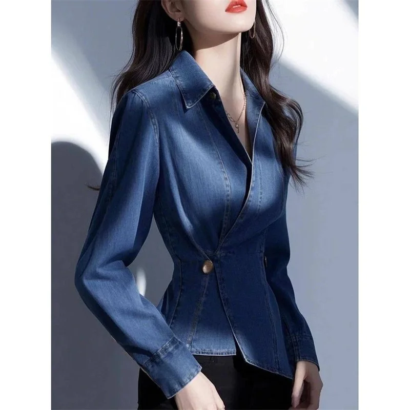 Advanced Fashion Women Denim Shirts Spring Autumn French Style Chic Jeans Jacket Korean Slim Long Sleeve Blue Denim Coat