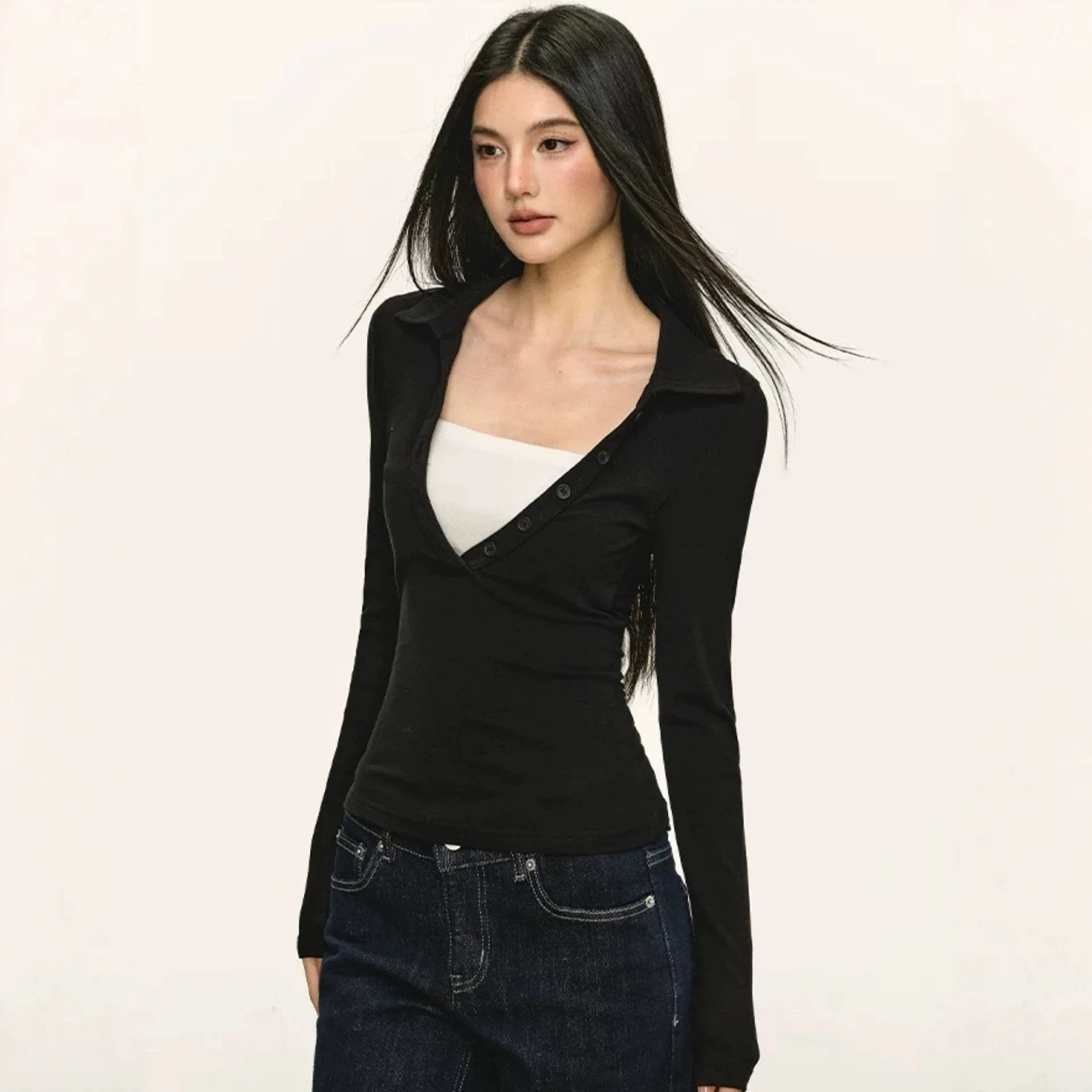 Y2K Hot Girl's Long Sleeve T-shirts Fake Two Piece Slim Fit Knit Shirt Women Solid Color Turn-down Collar Streetwear Cropped Top