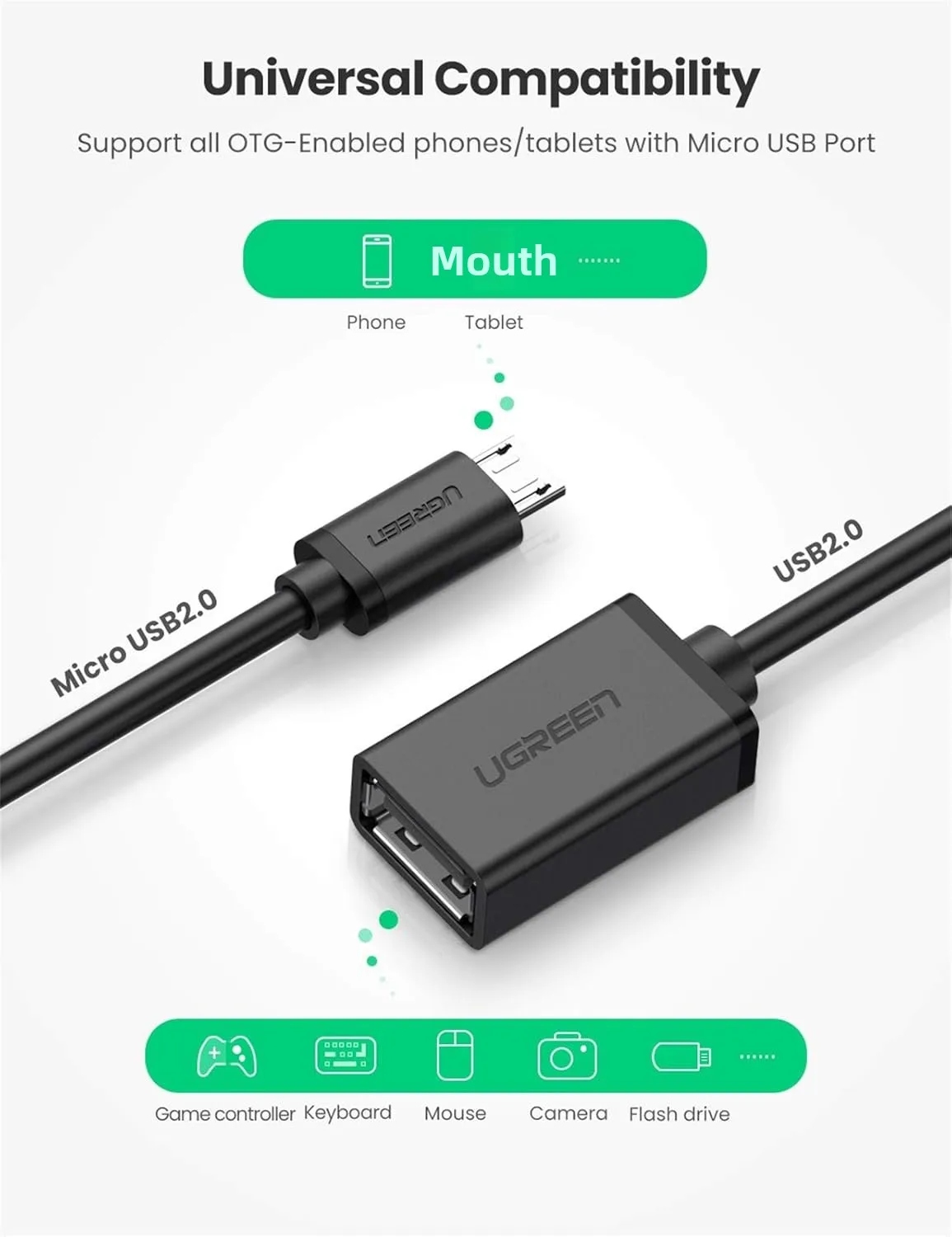 UGREEN Micro USB 2.0 OTG Cable on the Go Adapter Male Micro USB to Female USB Compatible with Phone Controller Android Windows