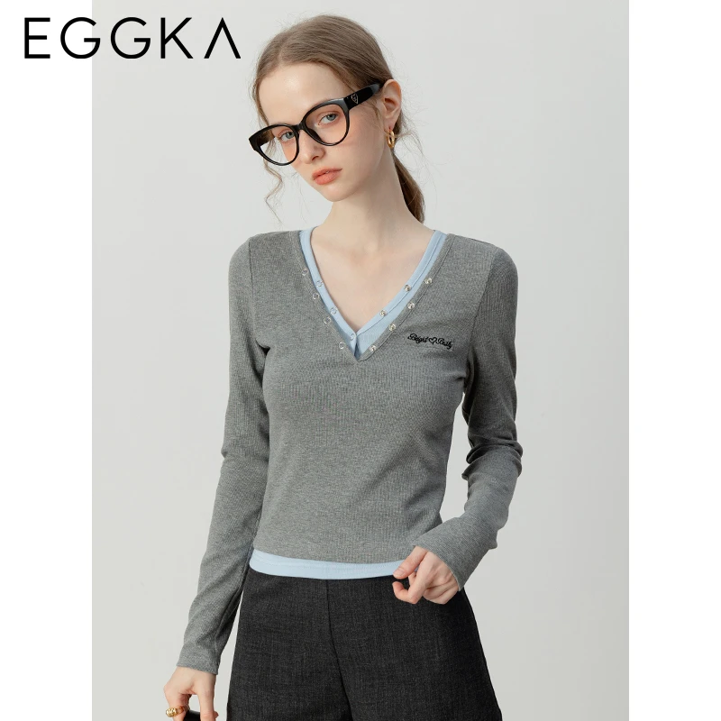 

EGGKA Autumn Gray Patchwork Long-sleeve Tops Women V-Neck Casual Tops Layering Designer T-shirts Korea Fashion Slim T-shirt 2024