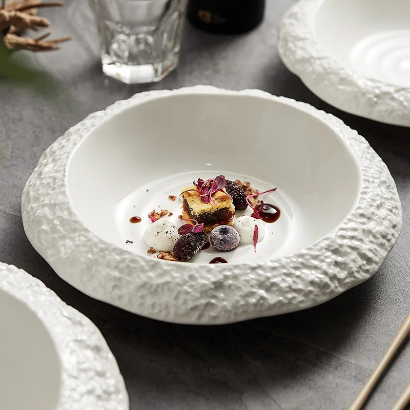 White Dinner Plate Rock Patternceramic Plate Household Deep Plate Soup Plate Dish Creative Hotel Restaurant High-grade Tableware