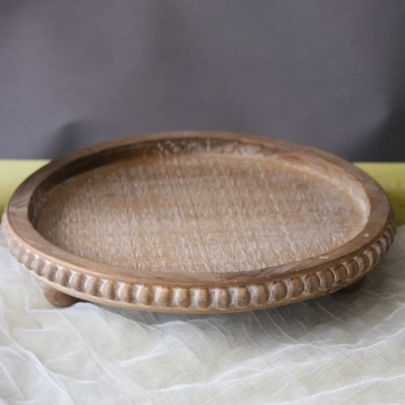 retro wind wood bead tray American country home tea tray cafe restaurant display round storage