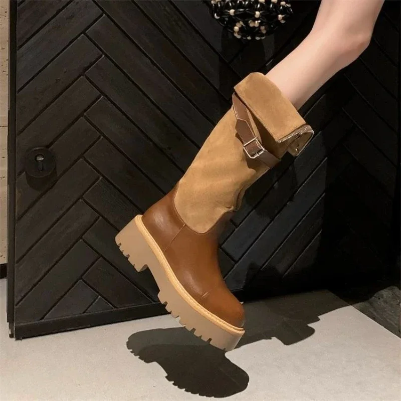 Autumn Winter Belt Buckle Ladies Knee High Shaft Shoes Y2k Designer Luxury Footwear Demi-season Gothic Goth Women's Long Boots - view 2