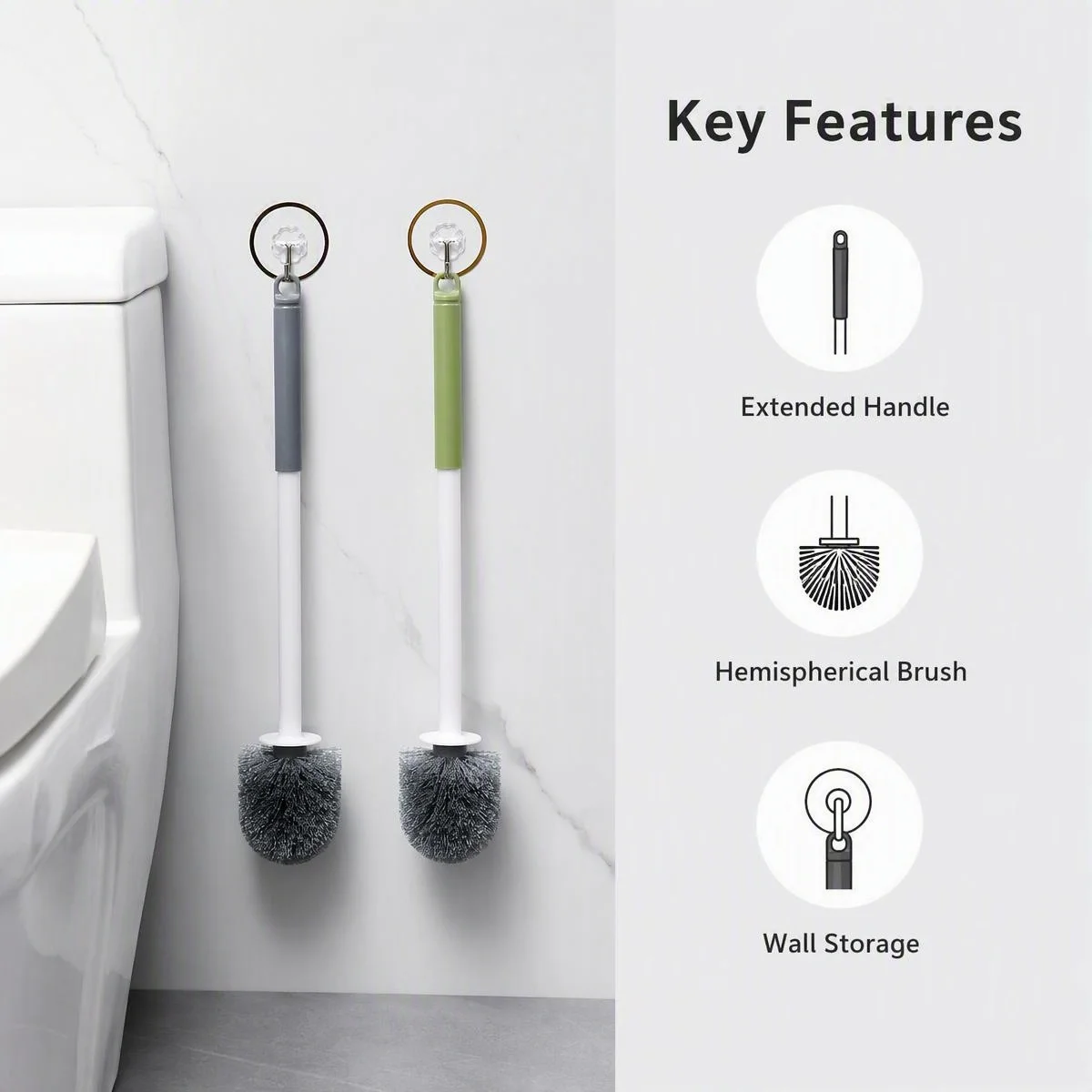 Wall Mounted Long Handle Hemisphere Toilet Brush, No Dead Gap Deep Cleaning, 2 Colors Optional for Bathroom