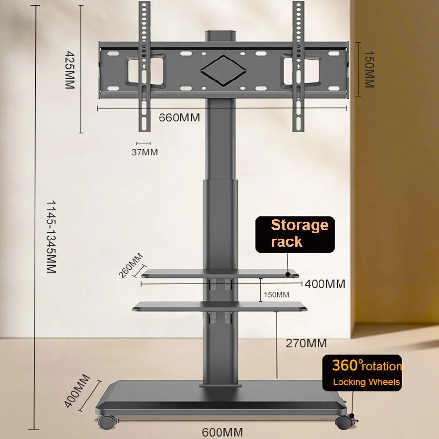 

Tilting Height Adjustable TV Floor Stand Mount Display Trolley with Locking Wheels Two Shelves Free HD Cable for 26-65 Inch