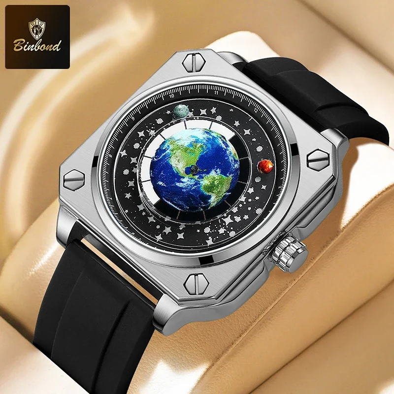 BINBOND الأكثر مبيعا ساعة كوارتز للرجال الدورية الأرض الهاتفي مفهوم جديد الإبداعية كوكب غير الميكانيكية سيليكون الشريط الرجال ساعة