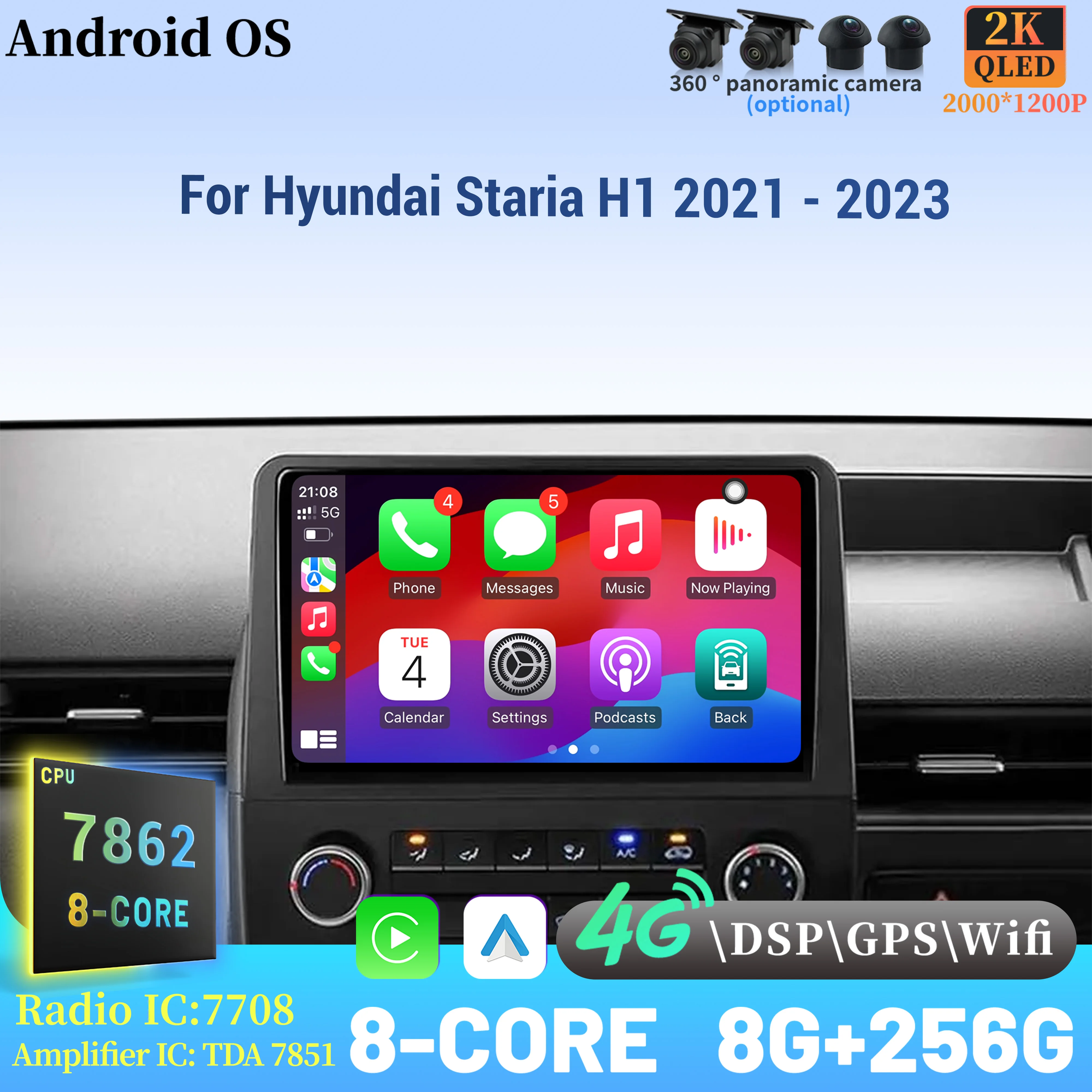 

For Hyundai Staria H1 2021-2023 Wireless BT CarPlay Android 14 Radio Car Multimedia Player 7862 8+256 radio Touch 2K QLED Screen