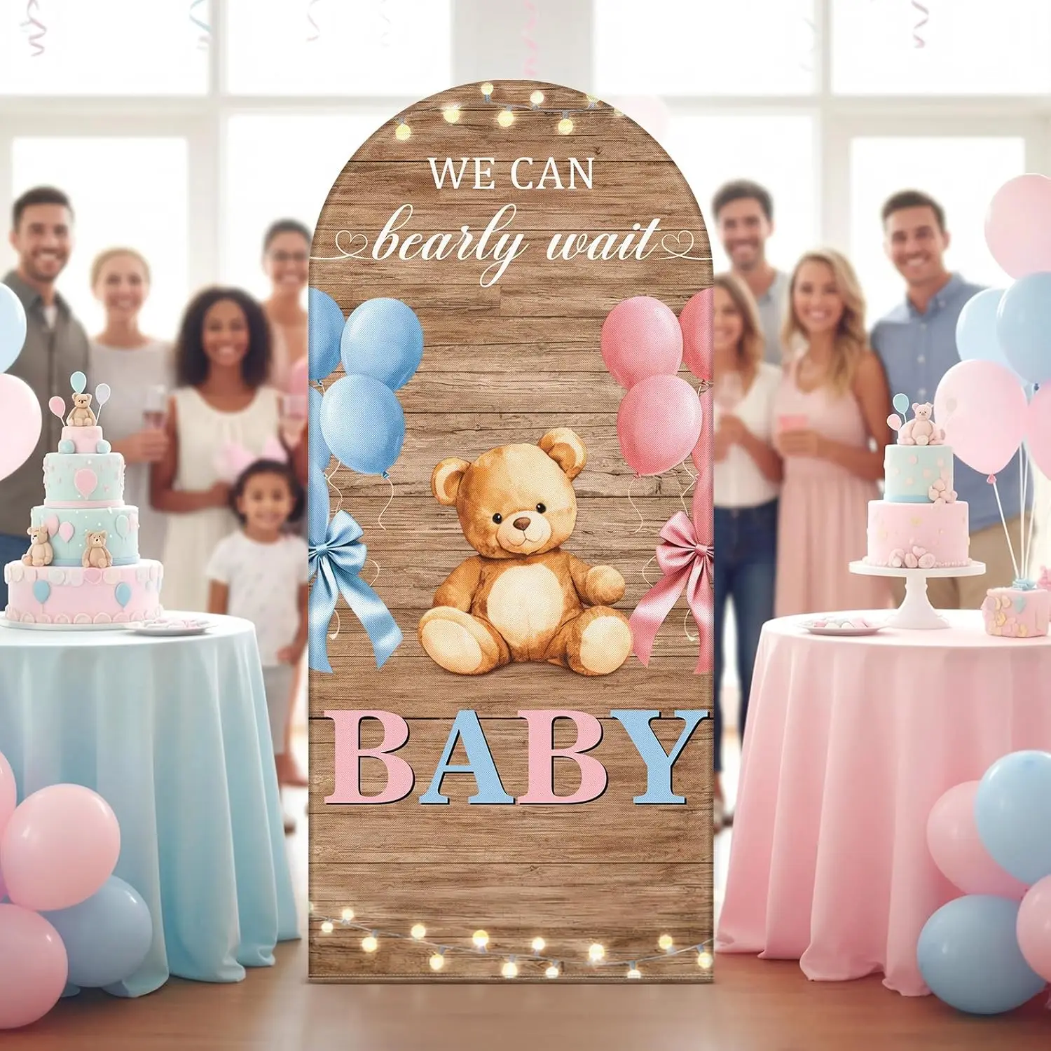 Custom 2-sided We Can Bearly Wait Baby Shower Party Backdrop Bear Pink or Blue Gender Reveal Background Rustic Wooden Arch Cover