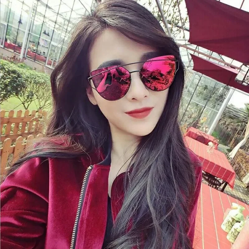 

Fashion Brand Cateye Sunglasses Women Twin-Beams Sun glasses Female Mirror Sunglasses Pink Flat Panel Lens Vintage Shades