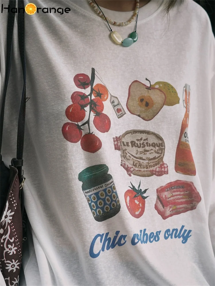 HanOrange 2025 ฤดูร้อนแฟชั่นผ่อนคลายพิมพ์แขนยาวครีมกันแดดเสื้อยืดผู้หญิงน้ําหนักเบาBreathable Top Teesสีขาว/สีเทา