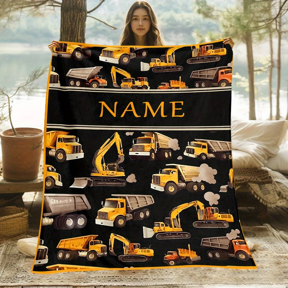[Custom 1pc Blanket] Custom 1pc Blanket Featuring Construction Vehicles, Perfect for Personalizing with a Name. This Lightweight