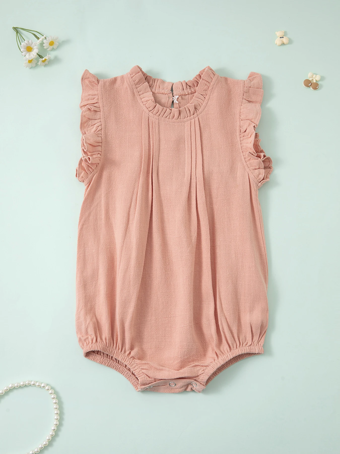 Baby Girl Stylish Ruffle Trimmed Romper Sleeveless Onesie Newborn Clothing Breathable Linen Fabric Summer 2024