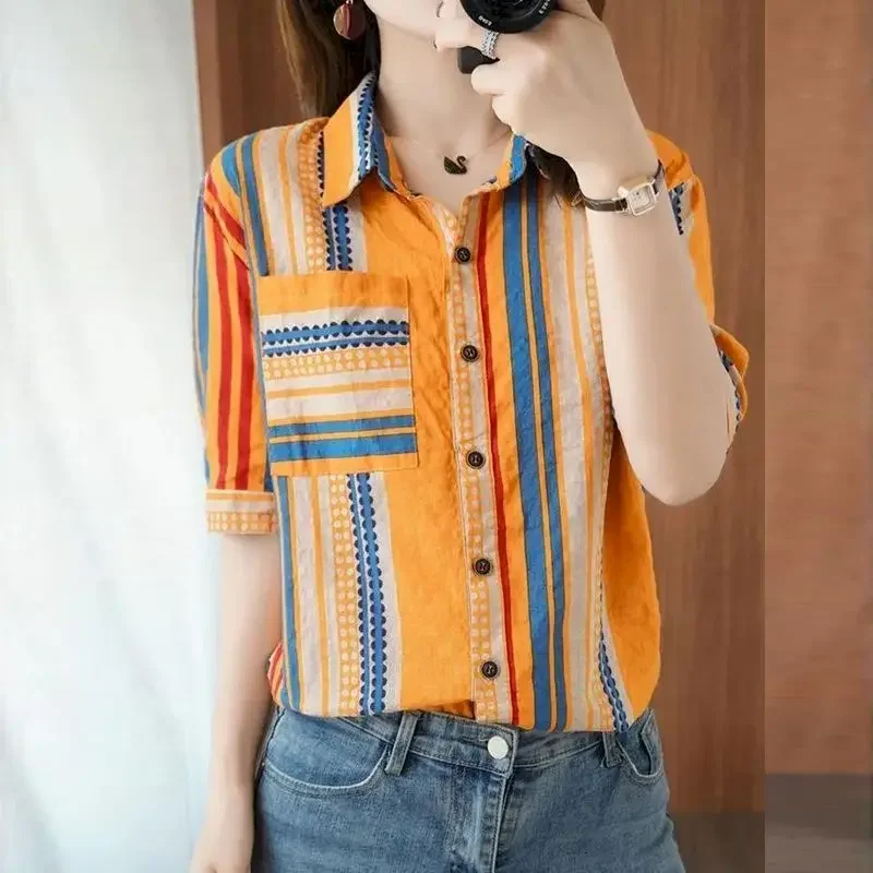 

Рубашка из 95% хлопка, женская модная полосатая рубашка с коротким рукавом, повседневная свободная блузка, летняя трендовая тонкая рубашка 2024, одежда Y2k