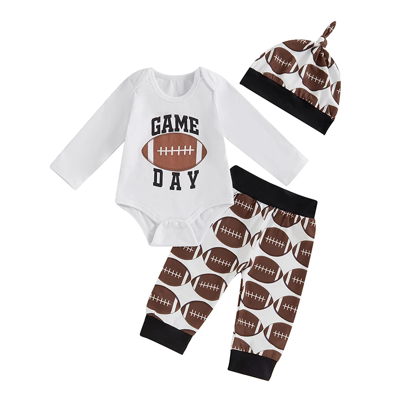 

Baby Boy Clothing Set Letter Print Long Sleeve Romper Rugby Print Pants Hat 3 Piece Newborn Outfits