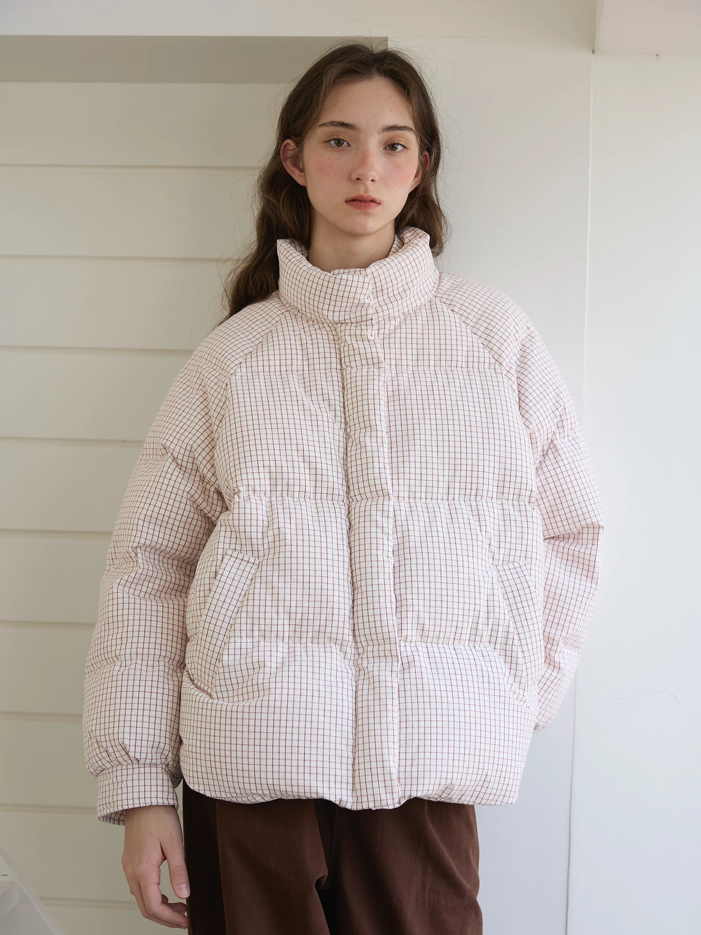 

Willbewell College Sle Red And White Plaid ort Puffer Jaet Stand Collar Fluffy Warm Women's Faion Autumn Winter Coat