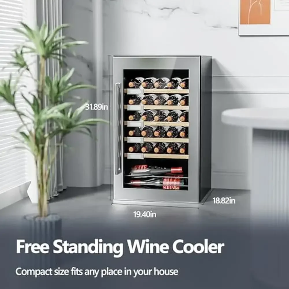 33 Bottle Freestanding Wine Fridge Adjustable Shelves Low Noise Operation Stainless Steel Glass Door