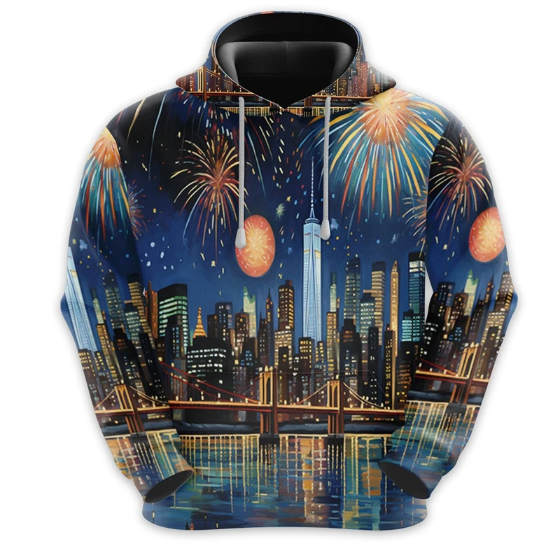 Merry Christmas City ​​street View Graphic Sweatshirts Fireworks Red Wine Glass Hoodies For Men Clothes Casual Unisex