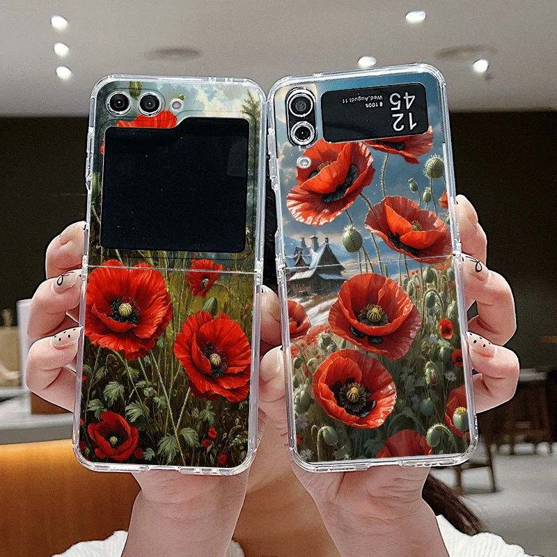 Retro Poppy Flower Bloom Hot Red Printed Phone Case for Samsung Galaxy Z Flip 7 Flip 6 5 4 3 5G Folding Cover for Z Flip7 Flip5