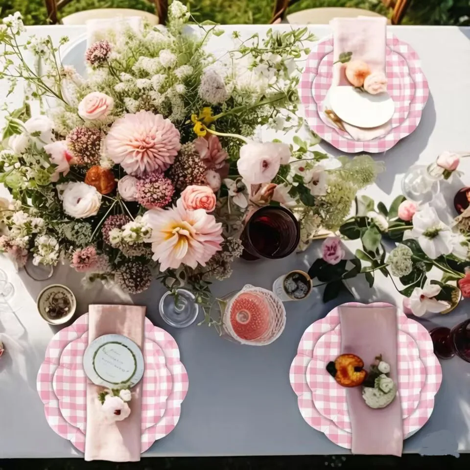 Spitzenrosa Kariertes Einweggeschirr, Pappteller, Becher, Servietten, Tischdecken, Geburtstag Babyparty, Hochzeitsfeier-Zubehör – Detail 9