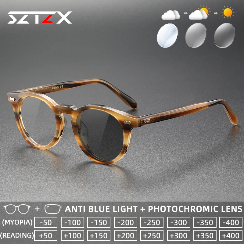 SZTZX Trendy Retro Durable Photochromic Reading Glasses Blue Light Blocking Acetate Frame Round Progressive Prescription Eyewear