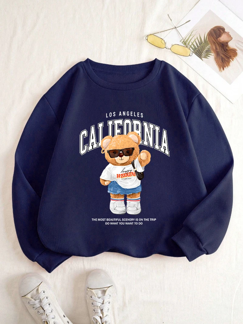 Autumn Winter Womens Pullover California Letter Trend Bear Printing Hoodie Loose Crewneck Warm Fleece Sweatshirt Street Clothing