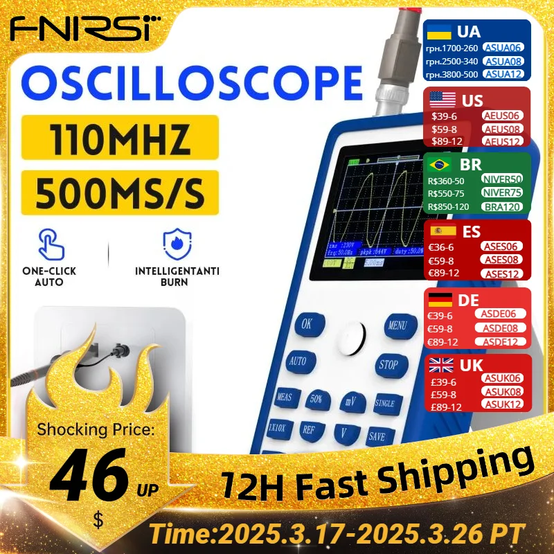 FNIRSI 1C15 Professional Digital Oscilloscope 110MHz Analog Bandwidth 500MS/s Sampling Rate Supports 1Khz Square Wave 400V