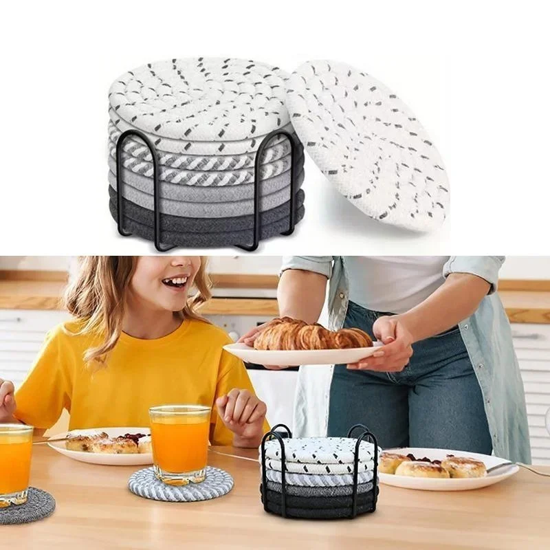 Nordic Cotton Rope Woven Placemat Kitchen Dining Table Thickened Mat Circular Cotton Thread Woven Coaster And Storage Rack