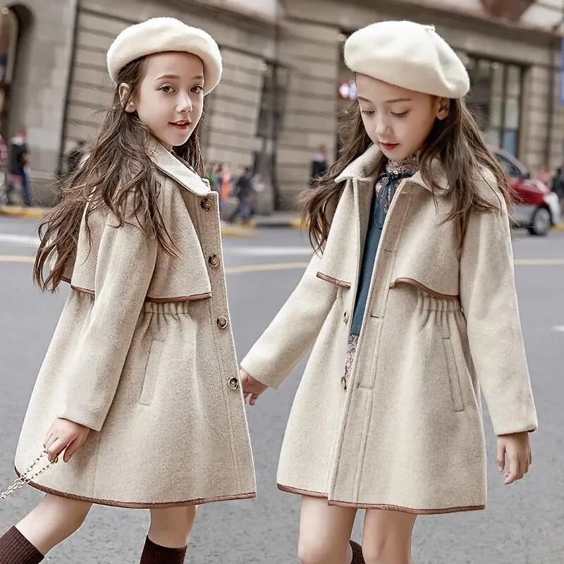 

Winter Beige Thick Long Jackets Little Kid's Girls Coat Breasted Woolen Overcoat Cotton Trench Jackets Teenage Girl Coat 2-16Y