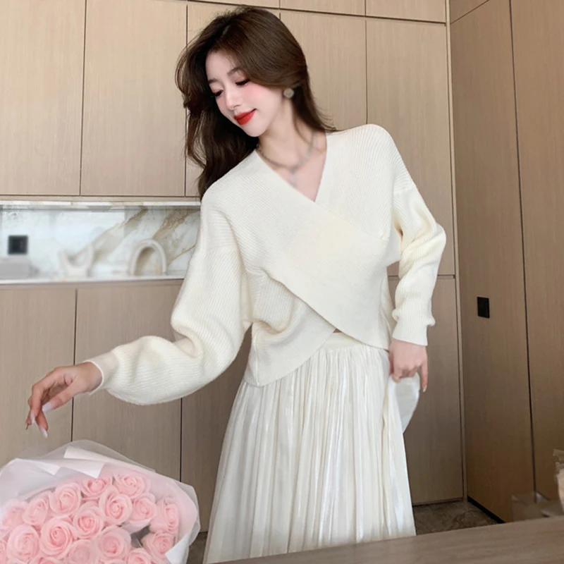 Women\'s Long Sleeves Knitted Sweater Crossover Design V-Neck Solid Color Casual Bottoming Shirt Fashion All-match Crop Tops