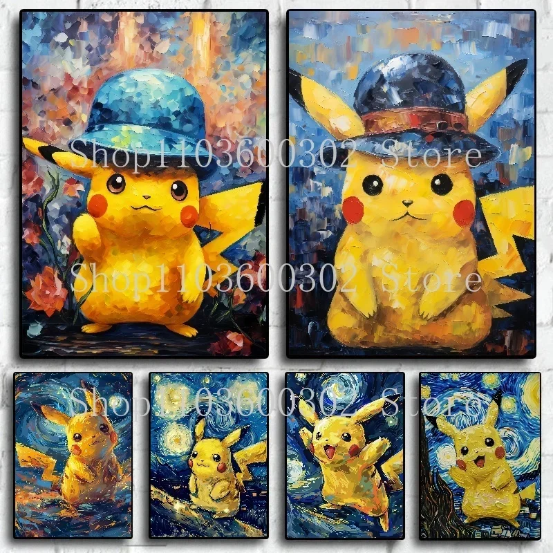 

New Van Gogh Museum Pokemon Anime Figures Pikachu Watercolor Painting Canvas Posters and Prints Wall Art Picture for Living Room