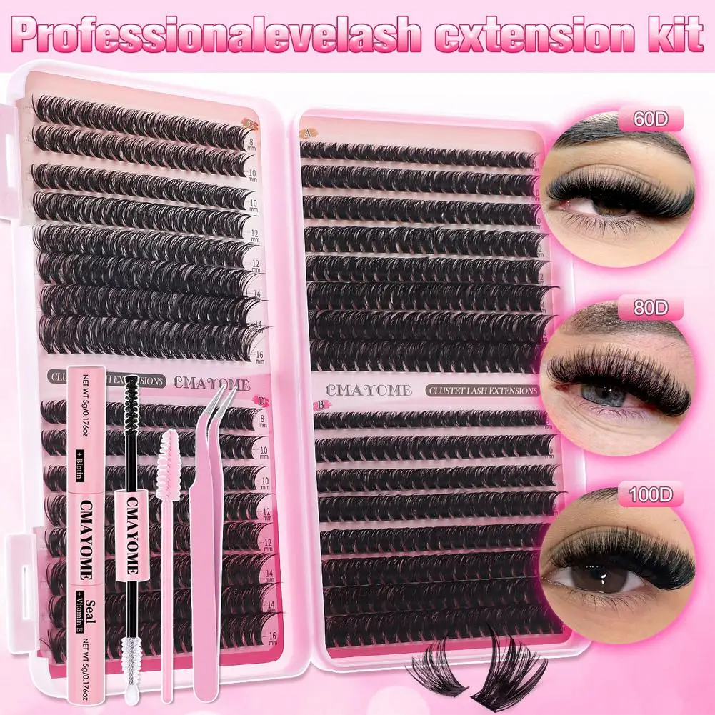 Wimpern-Cluster 640 Stück Wimpernverlängerungs-Set 9-16mm Einzelwimpern D-Curl Flauschige Wispy Künstliche Wimpern Bürsten-Kit