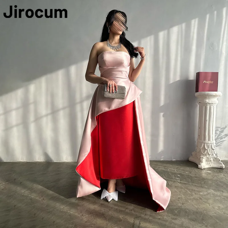 Jirocum Pink Red Strapless Prom Dress Women\'s Sleeveless Pleated Party Evening Gown Ankle-length Saudi Formal Occasion Dresses