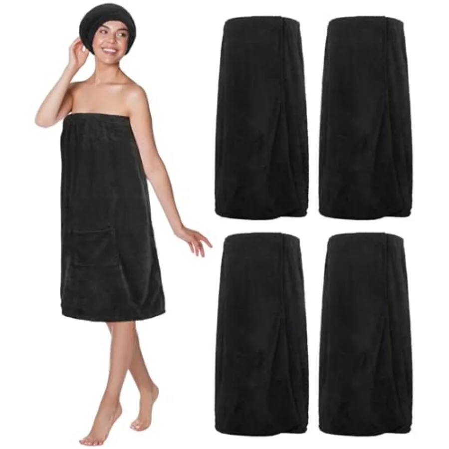 4 Set M Towel Wrap for Women Waffle Spa Robe with Adjustable Closure Elastic Top and Cap for Bath Shower