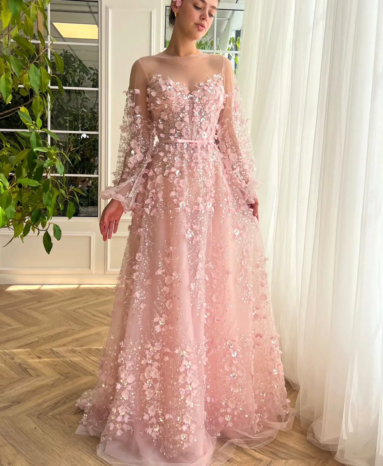 

Glitter O Neck Long Puffy Sleeves Lace Sequin Party Gown Summer Sweetheart A Line Evening Dresses /Homgcoming Graduation Dress