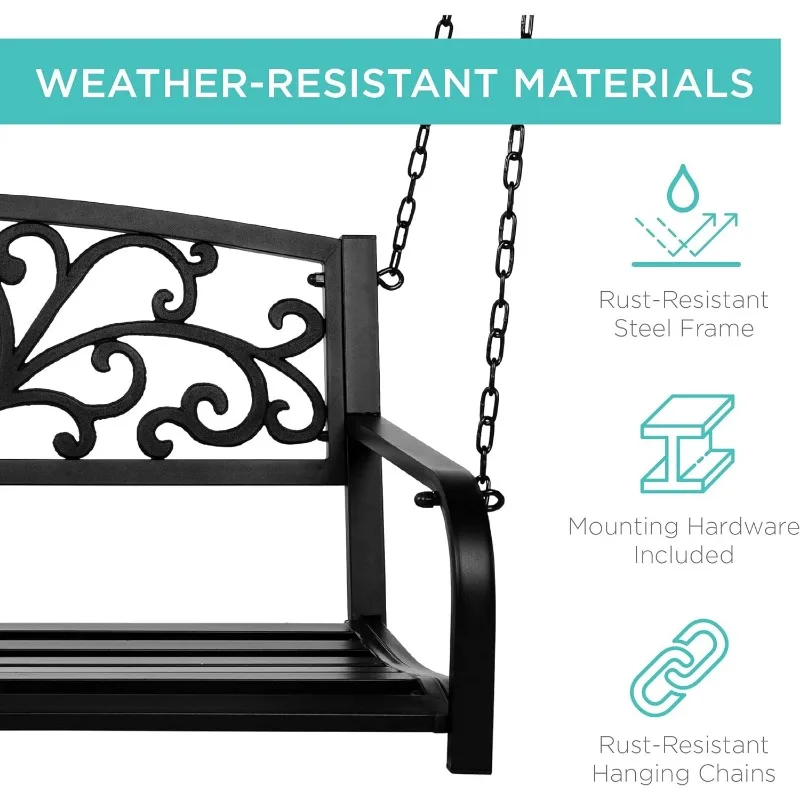 Best Choice Products 2-Person Metal Outdoor Porch Swing, Hanging Steel Patio Bench for Garden Deck w/Floral Accent, 485lb Weight