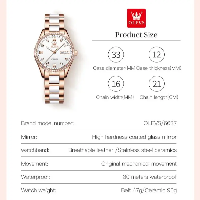OLEVS 6637 Luxury Women Automatic Mechanical Watch Fashion Calendar Waterproof Clock Elegant Brand Bracelet Dress Women's Set