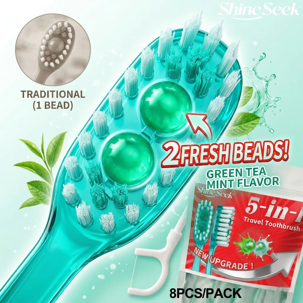 Newly Upgraded Dual-Effect Freshening Beads 8Pcs/Pack, Multifunctional 5-in-1 Cleaning Toothbrush, Green Tea Mint Flavor, Includes Two Freshening Beads + Toothbrush + Dental Floss + Interdental Cleaning Stick + Tongue Scraper, Five Major Features, Convenient and Soft, Soft Bristle Design, Teeth and Gum Care | Travel Essentials | Individually Packaged | Soft | Mint Green Tea Flavor | Travel Toothbrushes Are the Best Choice for Smart Families!