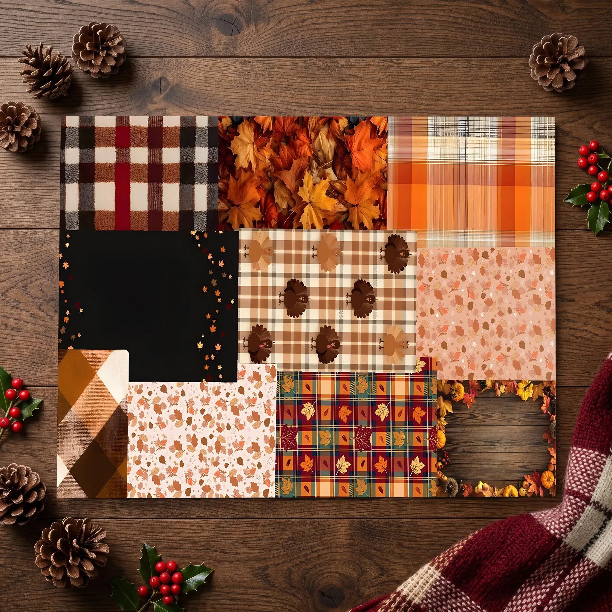Checkered Maple Leaf and Pumpkin American Retro Thanksgiving Velvet Rug for Living Room, Bedroom, and Entryway, Cozy Autumn