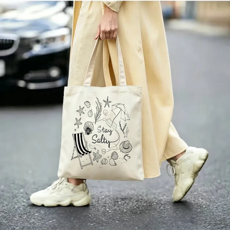 1PC【Tote Bag】2DFlat effect New large-capacity and stylish seaside line-drawing starfish and pattern tote bag，Lightwe