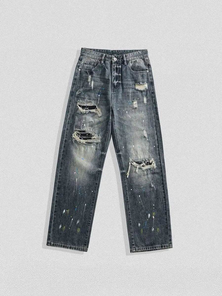 

Retro American Sle Men's Loose Fit Distred Denim Jeans Youthful Trendy Tear Wear Resistant Straight Leg Casual Trousers